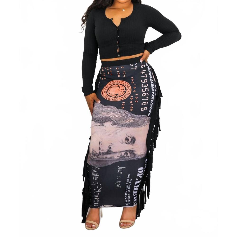 NEW SURELYMINE dollars fringe maxi skirt in multi